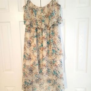 Flowy Cream & Floral Ruffled Chest High-Low Sleeveless Dress (XL)